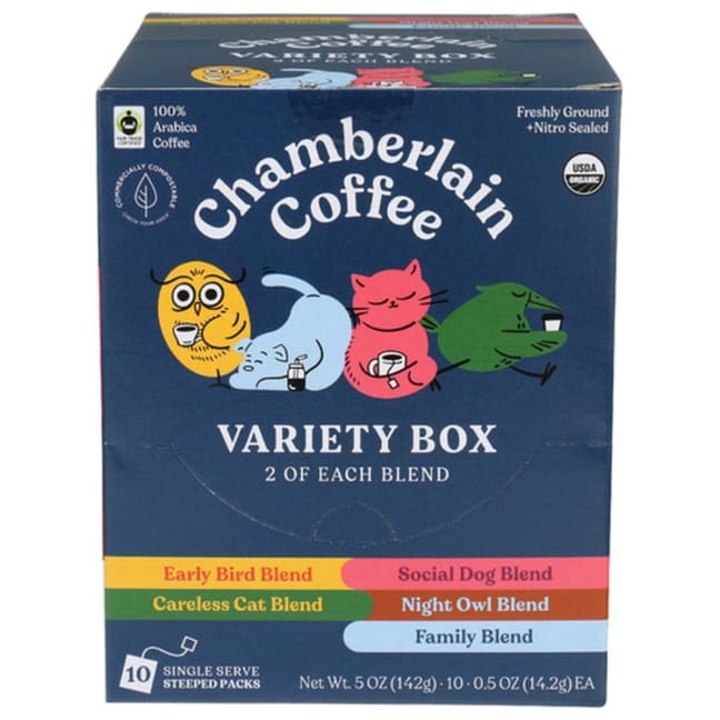  Chamberlain Coffee Variety Box Single Serve Bags, Includes All  5 Blends of Our Single Serving Coffee Packets, Original Family, Early Bird,  Night Owl, Careless Cat, Social Dog Blend, 10 Total
